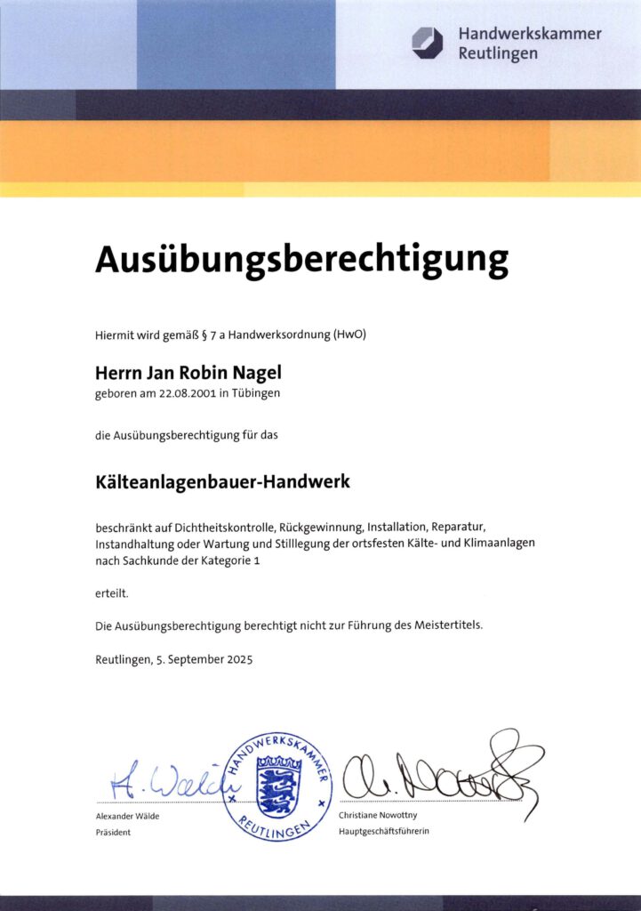 SAUR Ausübungsberechtigung Kälteanlagenbauer 092025